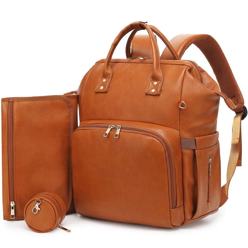 ROSEGIN ROSEGIN Premium Vegan Leather Diaper Bag Backpack with Waterproof Changing Pad Reinforced Stitching Zippers Baby Bag for Boy Girl Stroller Straps Ergonomic Design for Traveling Moms Brown