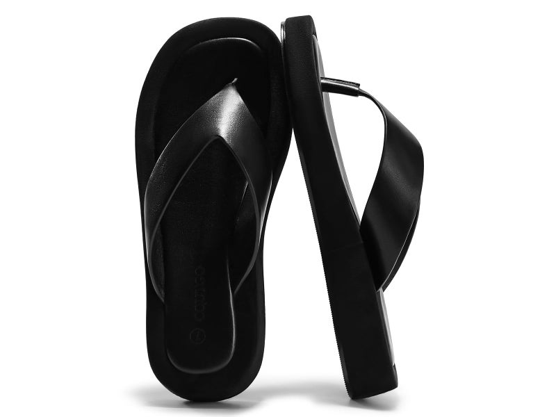 Coutgo Womens Platform Flip Flops Open Toe Slides Flat Sandals Thong Summer Beach Vacation Shoes, Black, size 8 - Image 1
