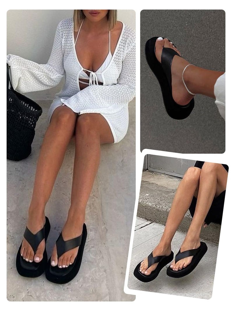 Coutgo Womens Platform Flip Flops Open Toe Slides Flat Sandals Thong Summer Beach Vacation Shoes, Black, size 8 - Image 5