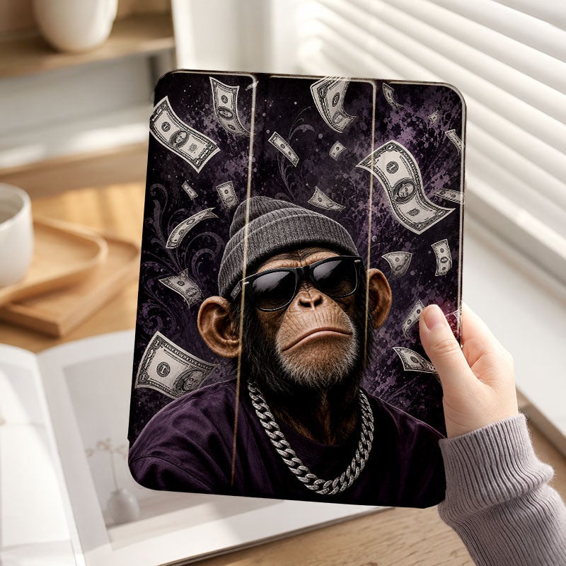 Tablet Case for iPad, Money Rain Monkey With Sunglasses, iPad Protective Case for Mini Air Pro 4 5 6 7 8 9 10 11 12, for 7.9 8.3 9.7 10.2 10.5 10.9 11 12.9 13 inch Clear Acrylic Shockproof Cover with Stand - Image 1
