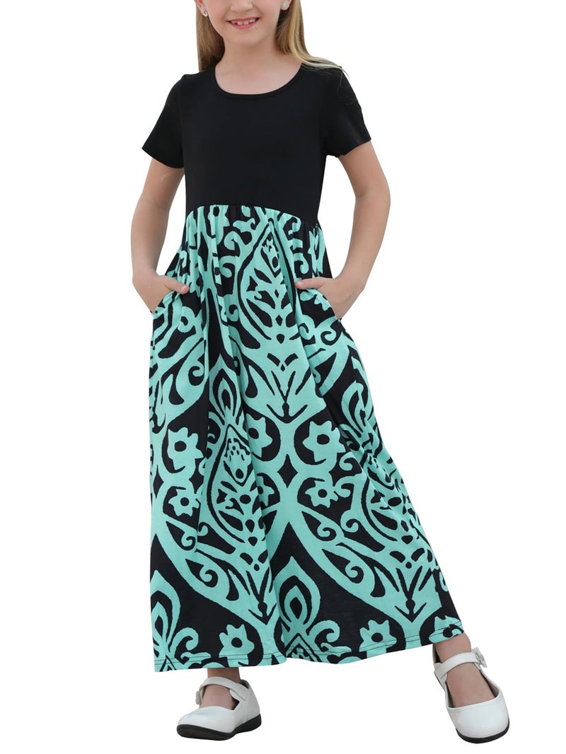 GORLYA Girl's Short Sleeve Patchwork Floral Print Loose Casual Long Maxi Dress with Pockets for 4-14 Years Kids(GOR1012,BluePrint,14Y) - Image 1
