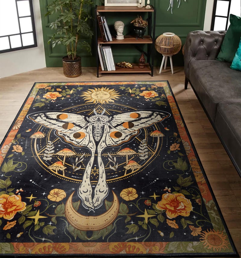Ouyattle Washable Mystical Luna Moth Rugs Ultra Thin, Boho Moody Black Floral Aesthetic Living Room Rugs Vintage Hippie Celestial Aesthetic Bedroom Rug, Retro 8x10 Area Rug for Dining Room Dorm - Image 1