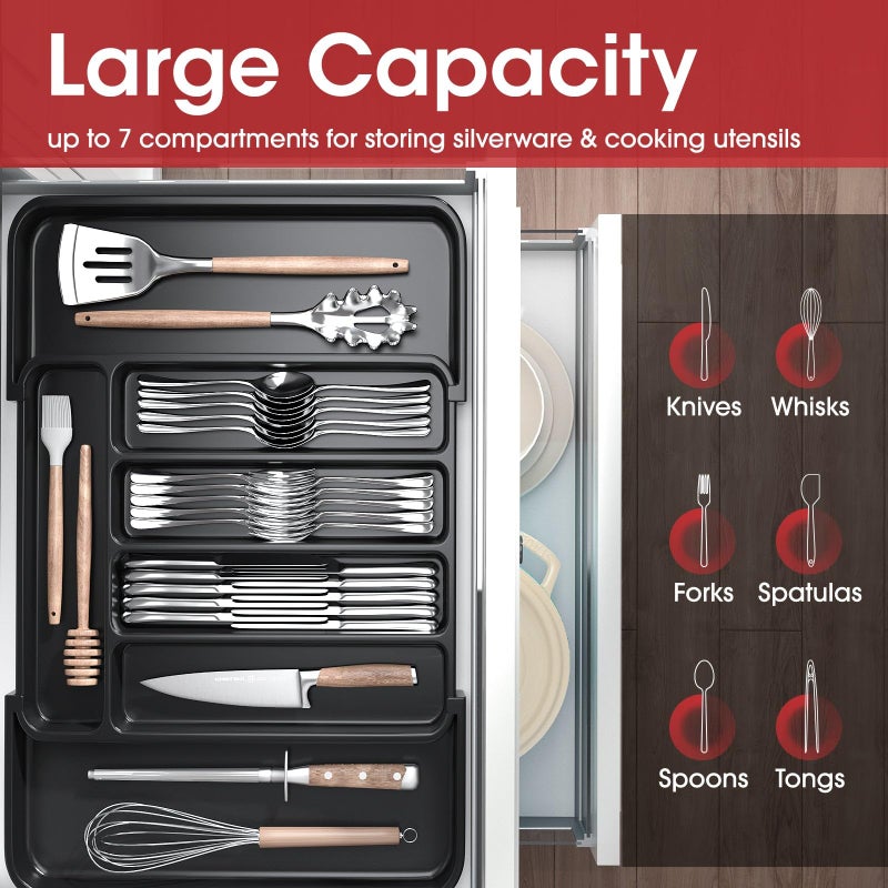 Aujen Silverware Organizer - Expandable Kitchen Drawer Organizer, Adjustable Utensil Organizer, Cutlery Tray for Forks, Knives, Multipurpose Kitchen Organizers and Storage Solution, Black, Medium - Image 3