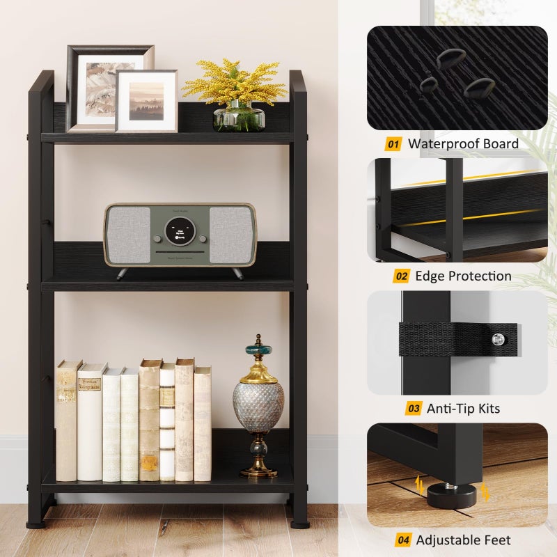 Hosfais Book Shelf Small Bookshelf: 3-Tier Wood Bookcase Industrial Bookshelf with Edge Protection Metal Narrow Bookcase Storage Organizer Display Rack for Bedroom Home Office (Modern Black) - Image 2
