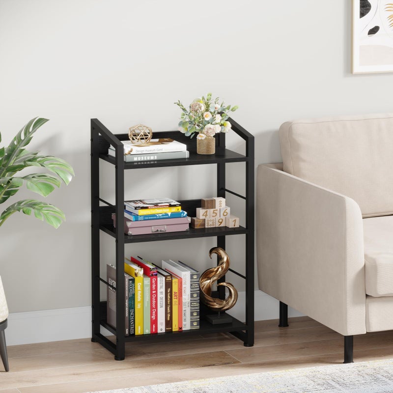 Hosfais Book Shelf Small Bookshelf: 3-Tier Wood Bookcase Industrial Bookshelf with Edge Protection Metal Narrow Bookcase Storage Organizer Display Rack for Bedroom Home Office (Modern Black) - Image 3