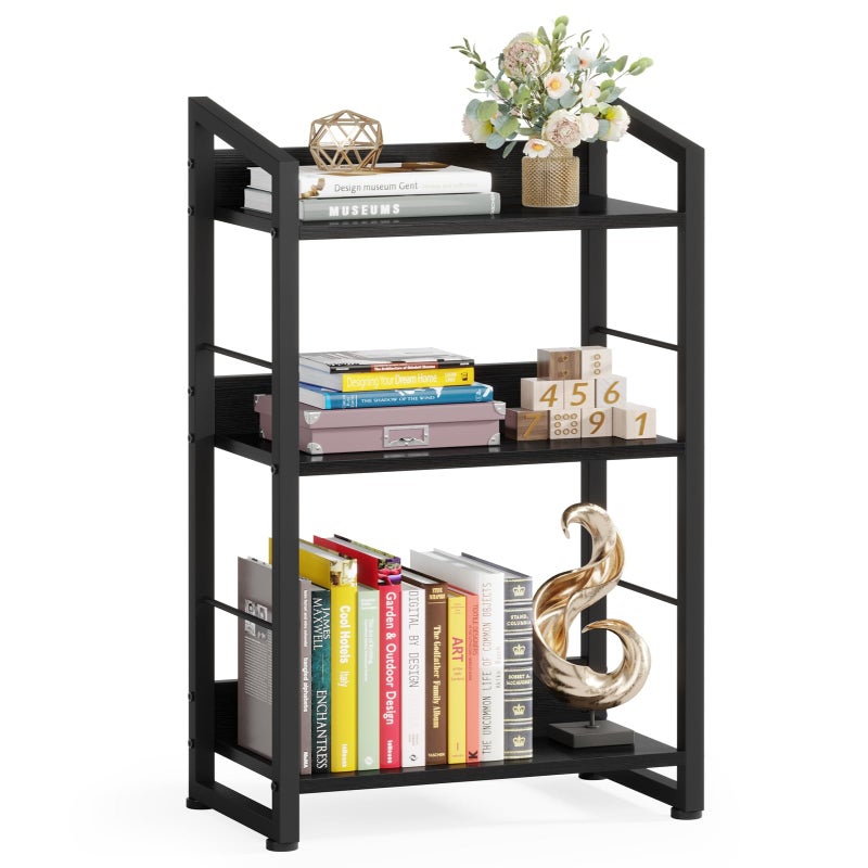 Hosfais Book Shelf Small Bookshelf: 3-Tier Wood Bookcase Industrial Bookshelf with Edge Protection Metal Narrow Bookcase Storage Organizer Display Rack for Bedroom Home Office (Modern Black) - Image 1