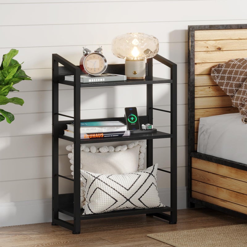 Hosfais Book Shelf Small Bookshelf: 3-Tier Wood Bookcase Industrial Bookshelf with Edge Protection Metal Narrow Bookcase Storage Organizer Display Rack for Bedroom Home Office (Modern Black) - Image 4