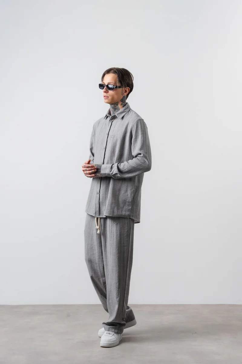 RESPIRE Men's R Embroidered Oversize Shirt and Pants Suit Grey