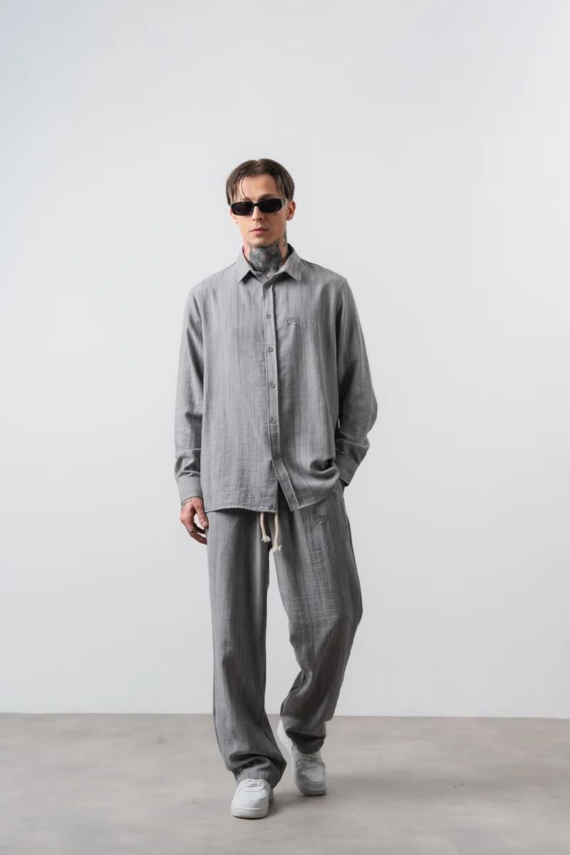 RESPIRE Men's R Embroidered Oversize Shirt and Pants Suit Grey