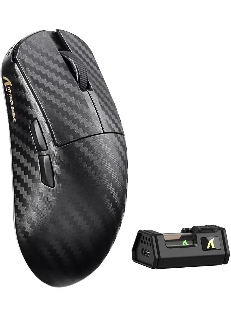 هجوم القرش ماوس الألعاب اللاسلكي R11 Ultra 8K المصنوع من ألياف الكربون، بدقة 42000 نقطة في البوصة، ومستشعر PAW3950 MAX، ووزن خفيف للغاية 49 جرامًا، وشريحة معالج Nordic 52840، قابل للبرمجة (سلكي/بلوتوث/2.4 جيجاهرتز)، مع كابل ملفوف بإضاءة RGB لأجهزة الكمبيوتر (موجة سوداء). - Image 1