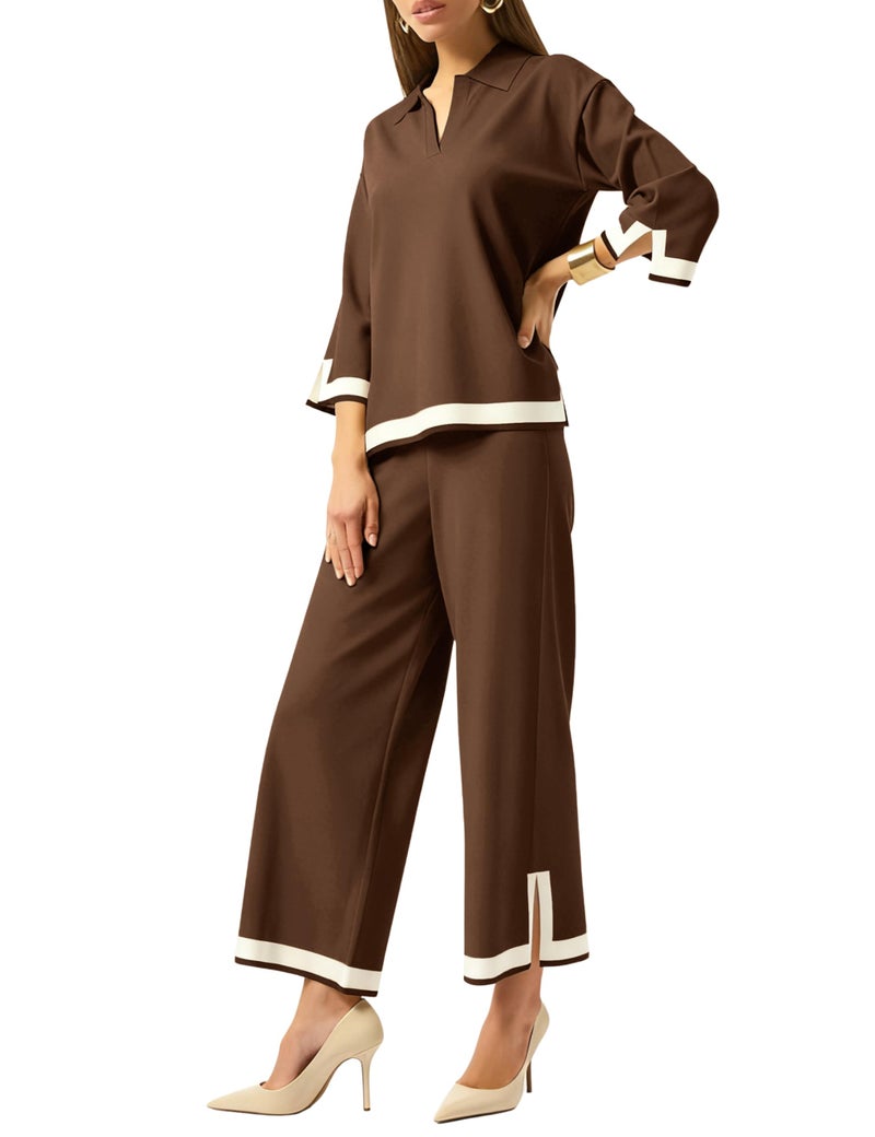 Tanming Womens 2 Piece Outfits 3/4 Sleeve Knit Sweater Top Wide Leg Pants Airport Travel Lounge Sets Tracksuits(Brown-S) - Image 5