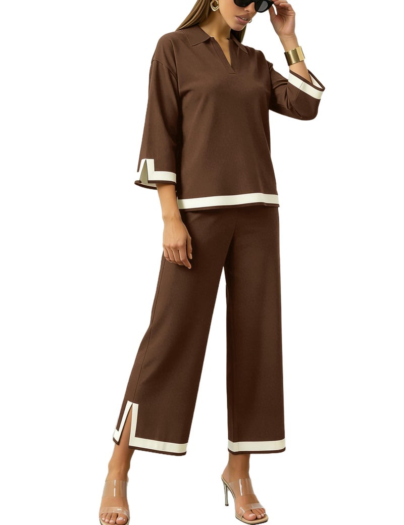 Tanming Womens 2 Piece Outfits 3/4 Sleeve Knit Sweater Top Wide Leg Pants Airport Travel Lounge Sets Tracksuits(Brown-S) - Image 1
