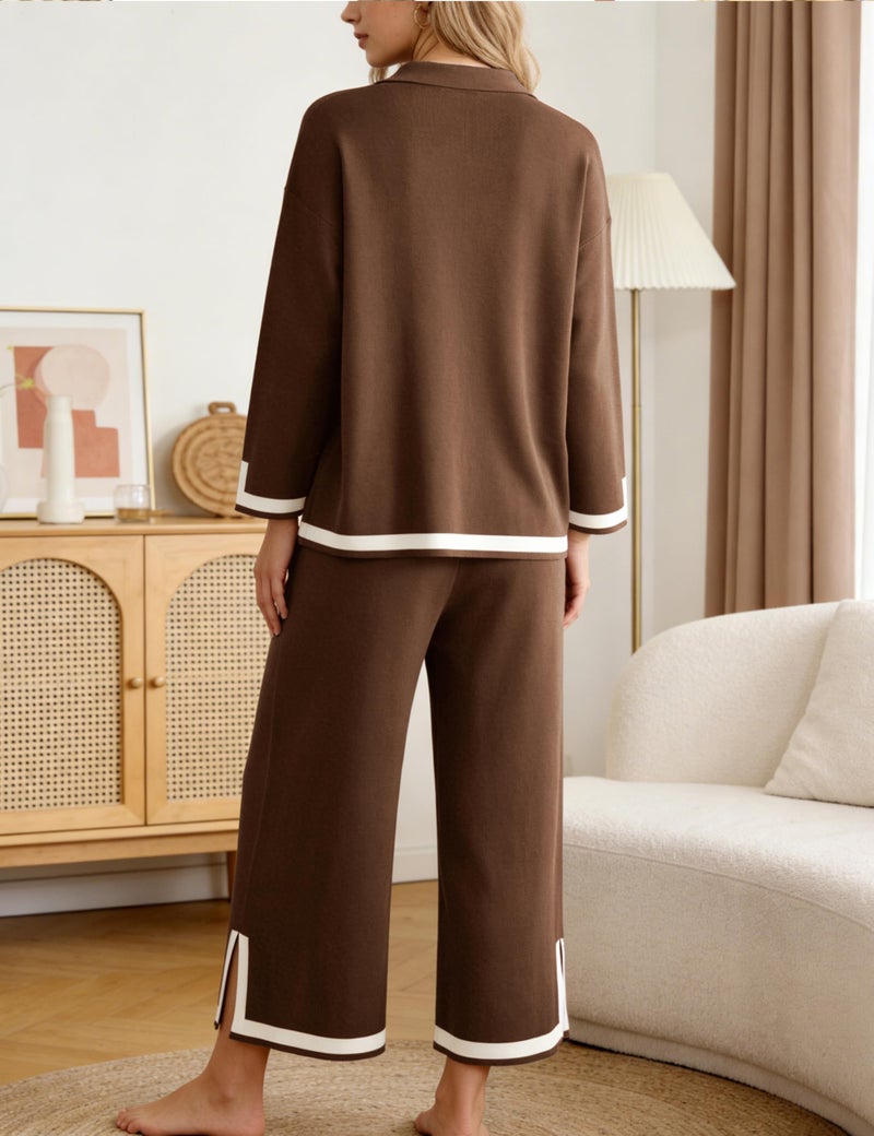 Tanming Womens 2 Piece Outfits 3/4 Sleeve Knit Sweater Top Wide Leg Pants Airport Travel Lounge Sets Tracksuits(Brown-S) - Image 3