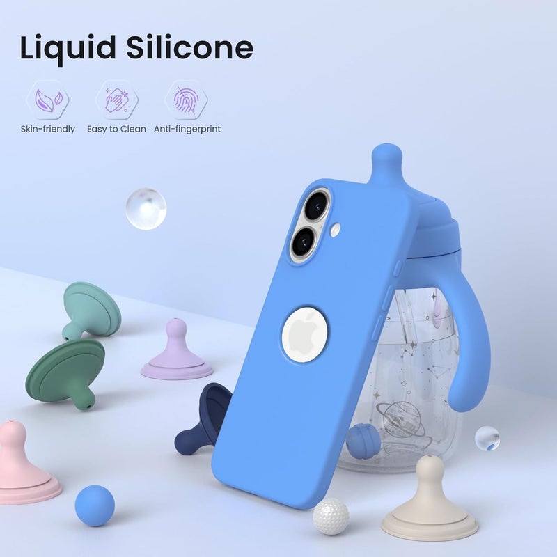 Elzzi غطاء ميكروفايبر مزخرف متوافق مع غلاف آيفون 16 بلس سائل سيليكوني كامل الجسم 4 طبقات أغطية واقية مضادة للصدمات مع حواف كاميرا مرتفعة (6.1 بوصة، أزرق أزور) - Image 4