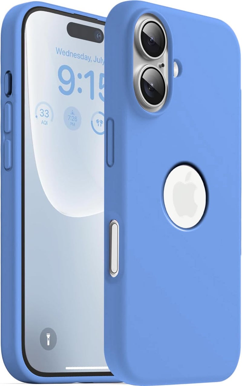 Elzzi غطاء ميكروفايبر مزخرف متوافق مع غلاف آيفون 16 بلس سائل سيليكوني كامل الجسم 4 طبقات أغطية واقية مضادة للصدمات مع حواف كاميرا مرتفعة (6.1 بوصة، أزرق أزور) - Image 1