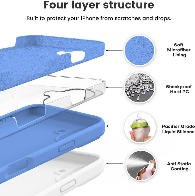 Elzzi غطاء ميكروفايبر مزخرف متوافق مع غلاف آيفون 16 بلس سائل سيليكوني كامل الجسم 4 طبقات أغطية واقية مضادة للصدمات مع حواف كاميرا مرتفعة (6.1 بوصة، أزرق أزور) - Image 3