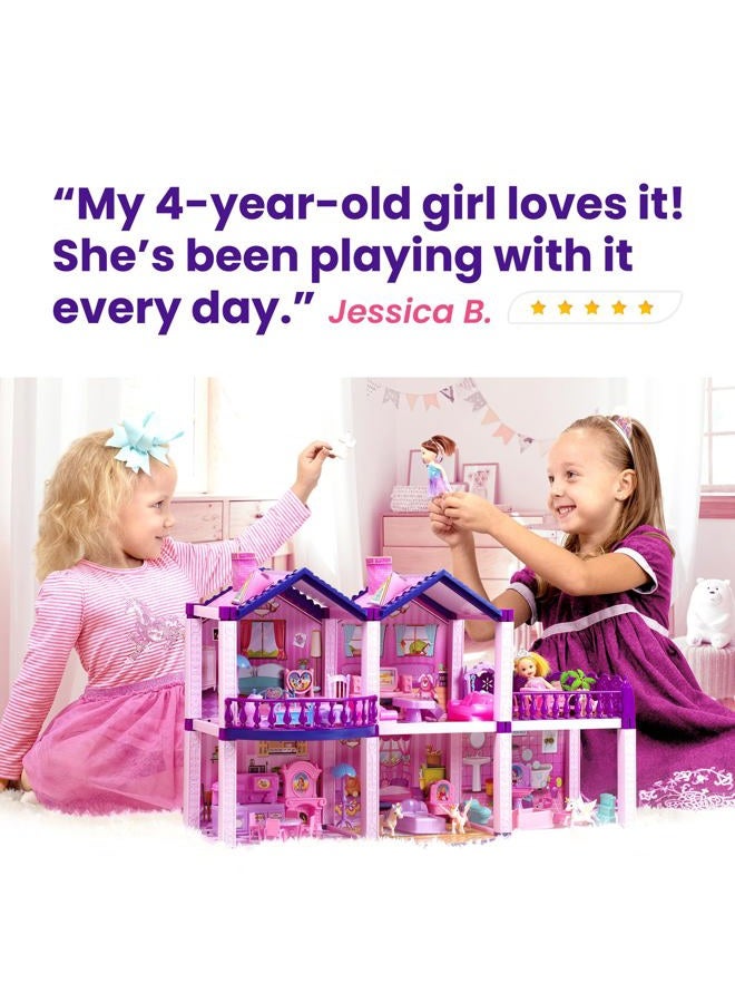 TOMLEON Dollhouse w/ Princesses, 4 Unicorns and Dog Dolls - Pink / Purple Dream House Toy for Little Girls - 4 Rooms w/ Garden, Furniture and Accessories - Girls Ages 3 - 6 (2 Princesses) - Image 4