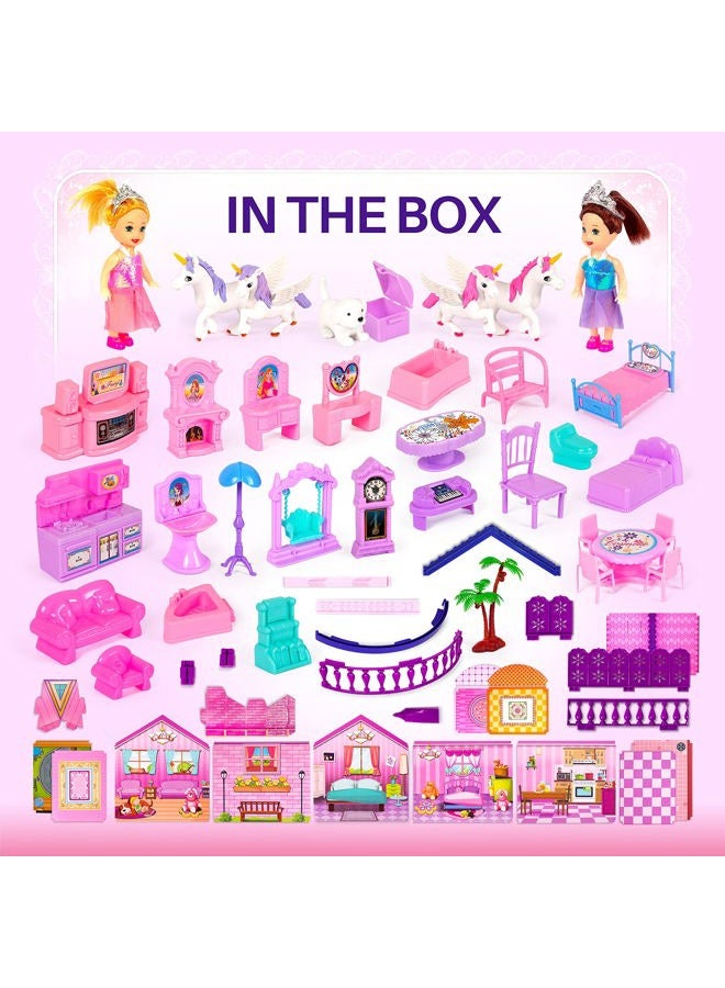 TOMLEON Dollhouse w/ Princesses, 4 Unicorns and Dog Dolls - Pink / Purple Dream House Toy for Little Girls - 4 Rooms w/ Garden, Furniture and Accessories - Girls Ages 3 - 6 (2 Princesses) - Image 2