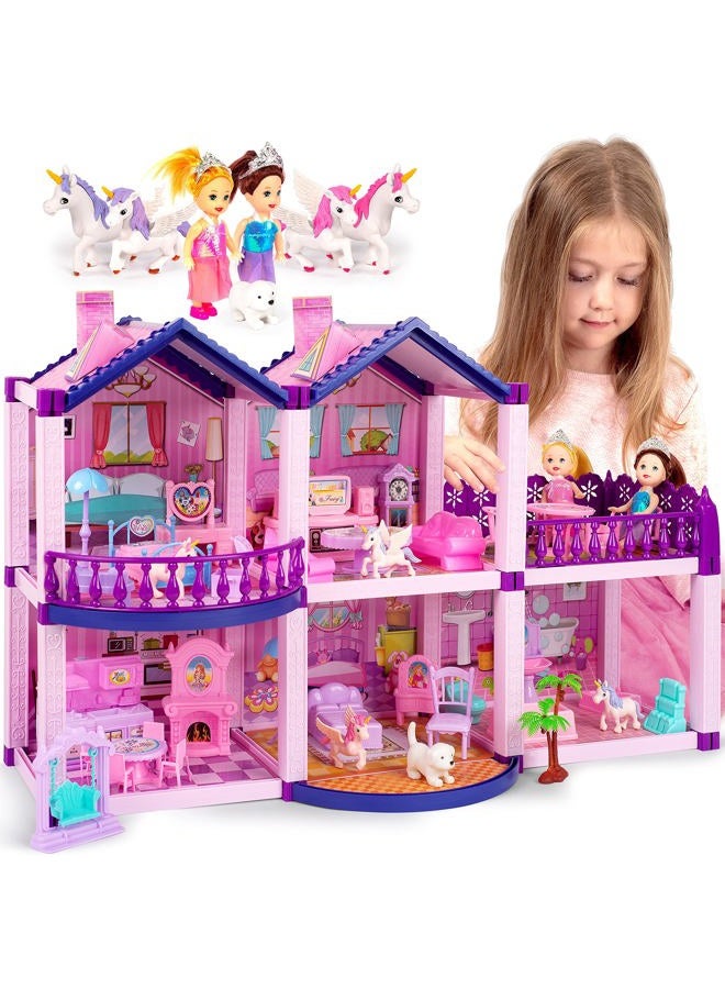 TOMLEON Dollhouse w/ Princesses, 4 Unicorns and Dog Dolls - Pink / Purple Dream House Toy for Little Girls - 4 Rooms w/ Garden, Furniture and Accessories - Girls Ages 3 - 6 (2 Princesses) - Image 1