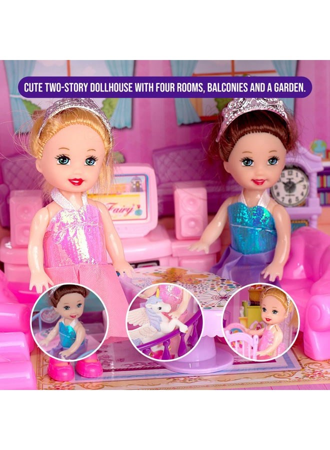 TOMLEON Dollhouse w/ Princesses, 4 Unicorns and Dog Dolls - Pink / Purple Dream House Toy for Little Girls - 4 Rooms w/ Garden, Furniture and Accessories - Girls Ages 3 - 6 (2 Princesses) - Image 5