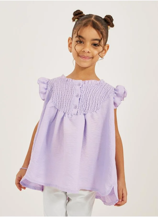 Styli Frill Sleeve Smocked Top with Button Details