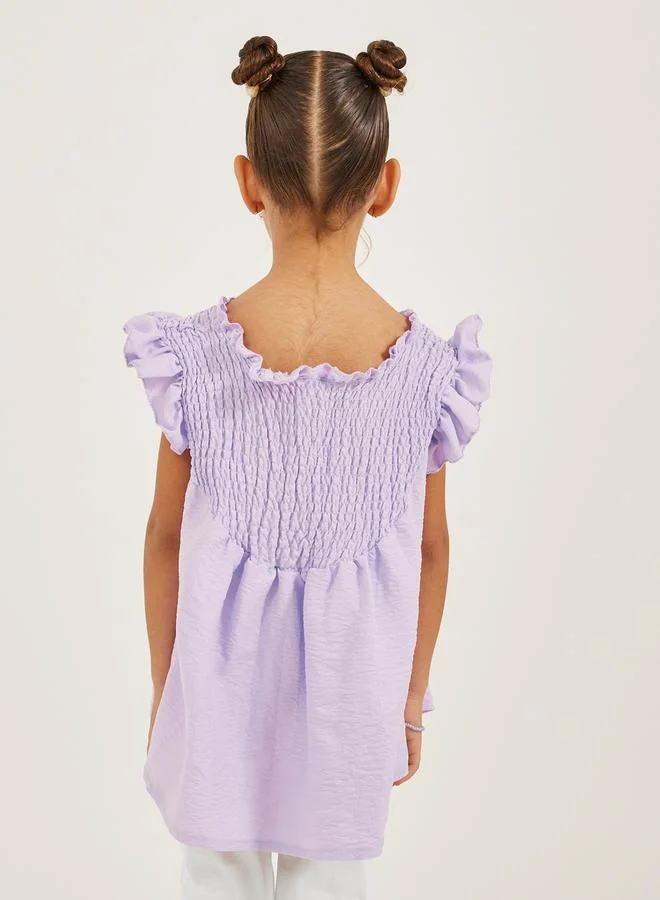 Styli Frill Sleeve Smocked Top with Button Details