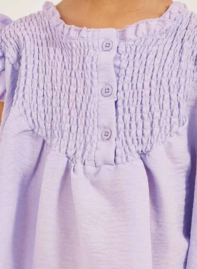 Styli Frill Sleeve Smocked Top with Button Details
