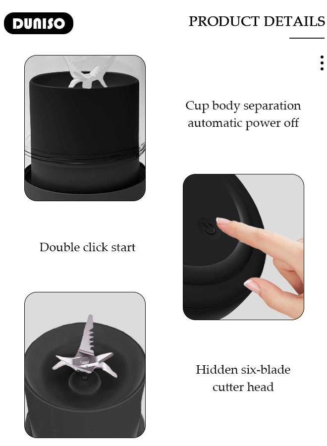 DUNISO 500ml Portable Mini Blender for Fresh Juice Smoothies Shakes with USB Rechargeable Electric Juicer Cup with Six Blades For Travel Outdoor Sprort Home Office Black - Image 2