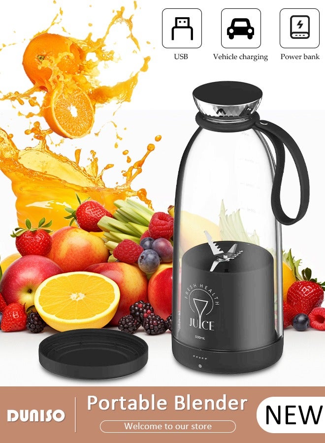 DUNISO 500ml Portable Mini Blender for Fresh Juice Smoothies Shakes with USB Rechargeable Electric Juicer Cup with Six Blades For Travel Outdoor Sprort Home Office Black - Image 1