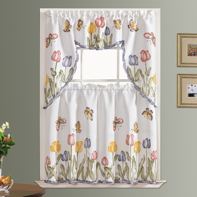 GOHD Golden Ocean Home Decor GOHD 3pcs Farmhouse Kitchen Cafe Curtain Set Air Brushed by Hand of Flowers and Butterfly Design on Thick Satin Fabric Tulip Vigor 
