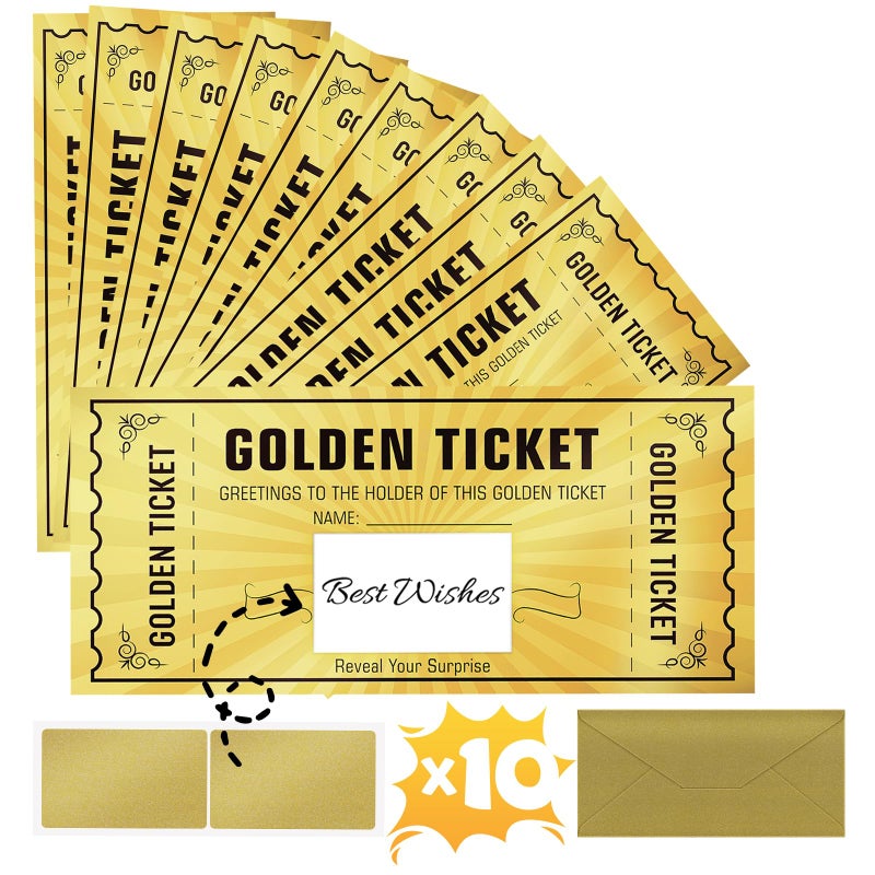 WenmthG 10 Sets Golden Ticket, Scratch Card Surprise Gift Reveal, Envelope for Birthday, Wedding, Concert, Cinema, Raffle Gift - Image 1