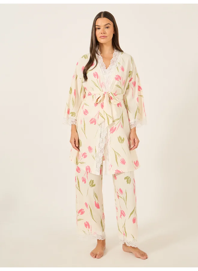 ستايلي Styli Unwind Lace Trim Floral Print Cami and Pyjama with Robe Set