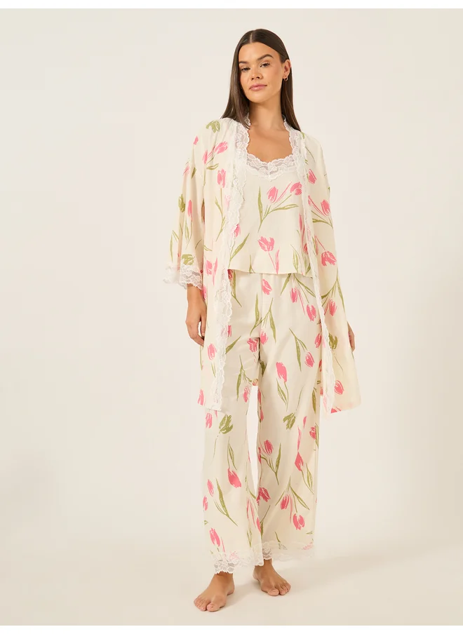 ستايلي Styli Unwind Lace Trim Floral Print Cami and Pyjama with Robe Set