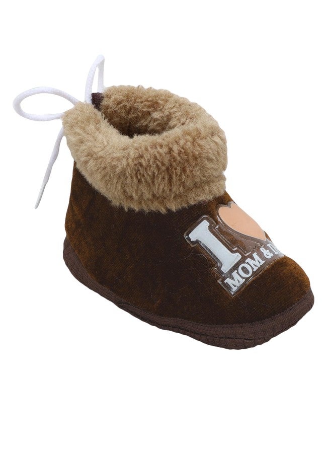 PureSole Baby Booties for Boys & Girls - Soft Plush Warm Indoor Crib Shoes with 'I Love Mom & Dad' Print - Non-Slip Sole - Infant First Walkers (6-12 Months) BROWN/BAZE - Image 1