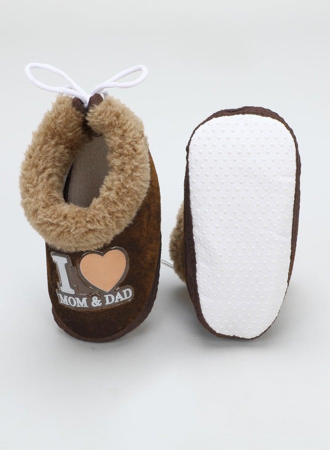 PureSole Baby Booties for Boys & Girls - Soft Plush Warm Indoor Crib Shoes with 'I Love Mom & Dad' Print - Non-Slip Sole - Infant First Walkers (6-12 Months) BROWN/BAZE - Image 5