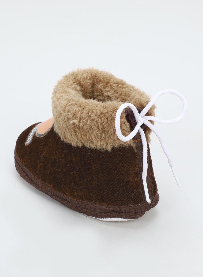 PureSole Baby Booties for Boys & Girls - Soft Plush Warm Indoor Crib Shoes with 'I Love Mom & Dad' Print - Non-Slip Sole - Infant First Walkers (6-12 Months) BROWN/BAZE - Image 3