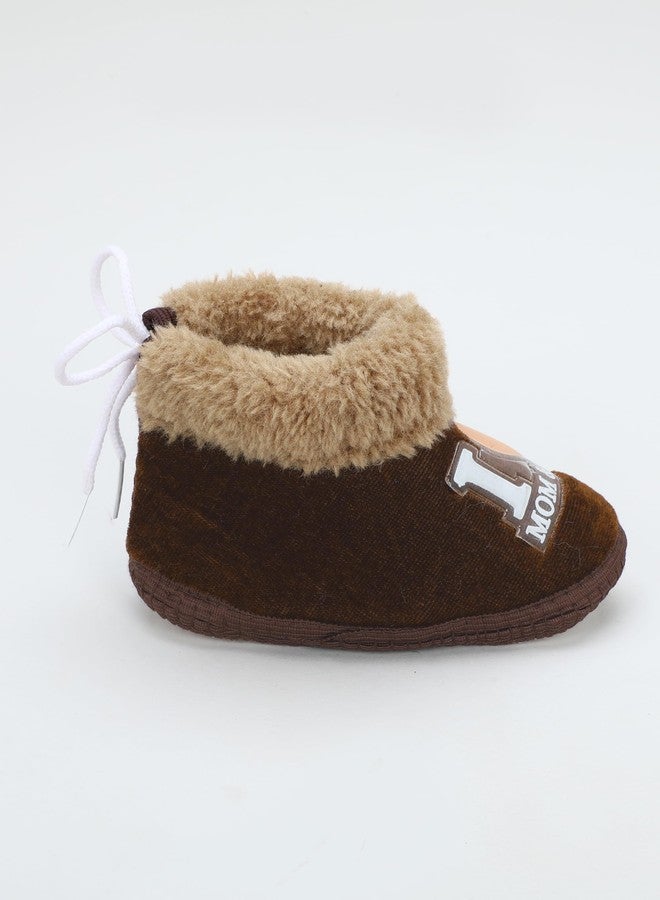 PureSole Baby Booties for Boys & Girls - Soft Plush Warm Indoor Crib Shoes with 'I Love Mom & Dad' Print - Non-Slip Sole - Infant First Walkers (6-12 Months) BROWN/BAZE - Image 2