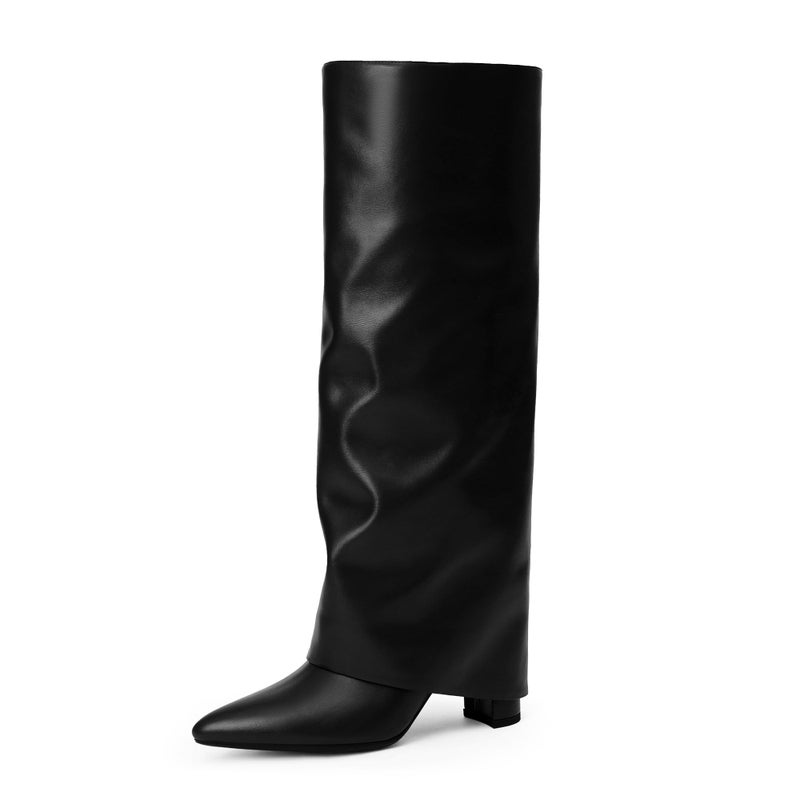 Modatope Women's Fold Over Knee High Boots - Black Chunky Heel Pointed Toe Tall Dress Boots Size 9.5 - Image 1