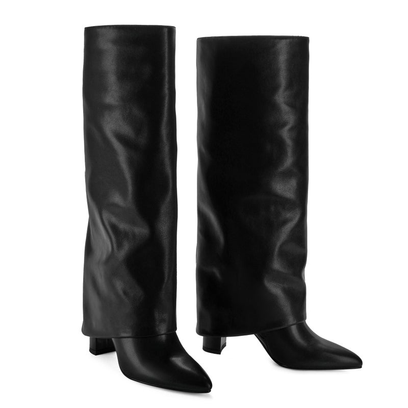 Modatope Women's Fold Over Knee High Boots - Black Chunky Heel Pointed Toe Tall Dress Boots Size 9.5 - Image 4