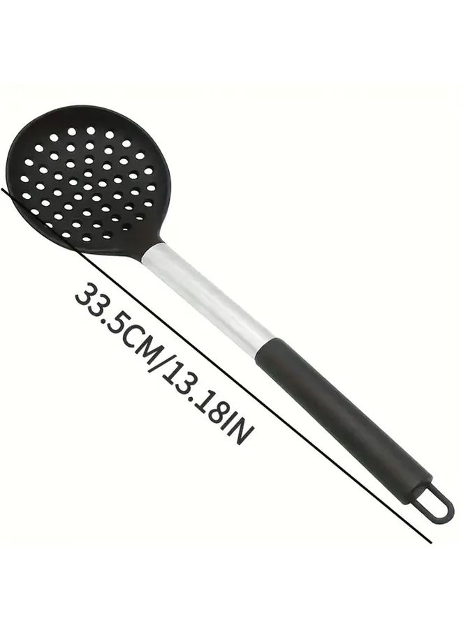 Black Silicone Slotted Spoon Heat Resistant Nonstick Skimmer Stainless Steel Handle - Image 3