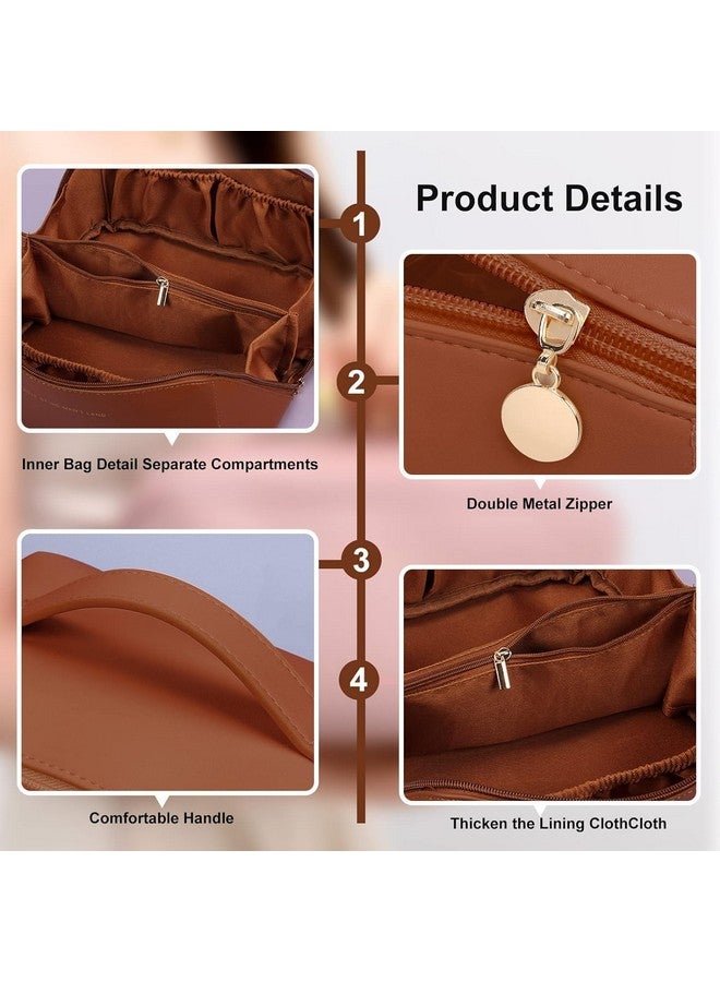 VAVSU Travel Cosmetic Bag Large Capacity Makeup Bags Portable Travel Cosmetic Bag Waterproof Leather Organizer Multifunctional Storage Travel Toiletry Bag (Design 2, Browen) - Image 3