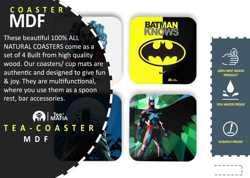 Tee Mafia Tee Mafia Printed Batman MDF Wood Material Tea Coaster for Office Dining Table Multicolour Set of 4 - Image 4