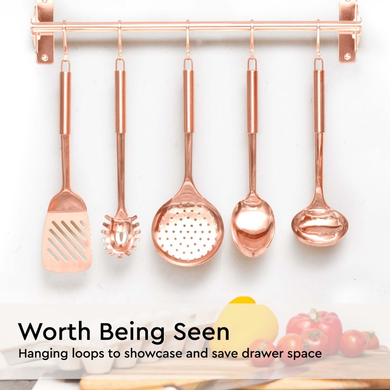 styled settings Copper Cooking Utensils Set – 5-Piece Rose Gold Stainless Steel Kitchen Tools for Cooking and Serving Includes Ladle, Spoon, Pasta Fork, Spatula, and Skimmer – Stylish Copper Kitchen Accessories - Image 3