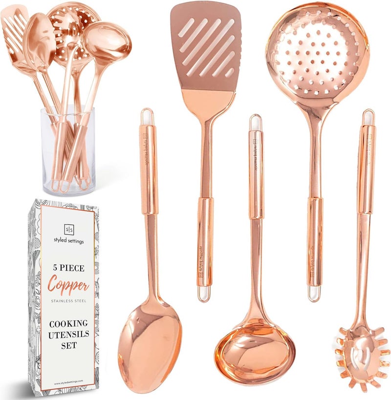 styled settings Copper Cooking Utensils Set – 5-Piece Rose Gold Stainless Steel Kitchen Tools for Cooking and Serving Includes Ladle, Spoon, Pasta Fork, Spatula, and Skimmer – Stylish Copper Kitchen Accessories - Image 1