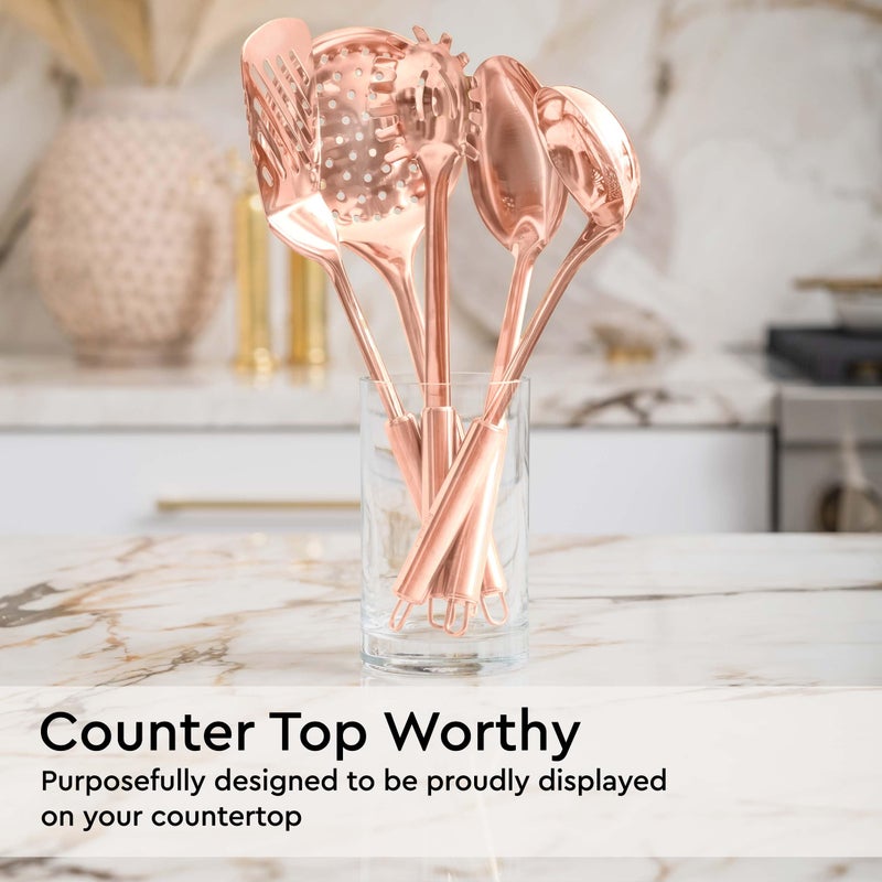 styled settings Copper Cooking Utensils Set – 5-Piece Rose Gold Stainless Steel Kitchen Tools for Cooking and Serving Includes Ladle, Spoon, Pasta Fork, Spatula, and Skimmer – Stylish Copper Kitchen Accessories - Image 2