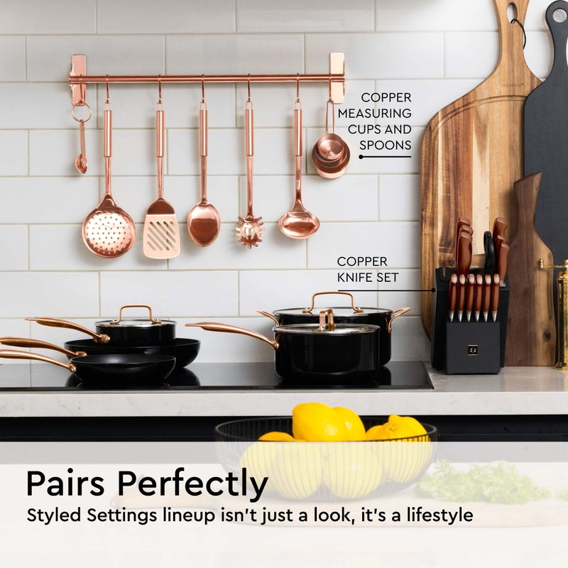 styled settings Copper Cooking Utensils Set – 5-Piece Rose Gold Stainless Steel Kitchen Tools for Cooking and Serving Includes Ladle, Spoon, Pasta Fork, Spatula, and Skimmer – Stylish Copper Kitchen Accessories - Image 5