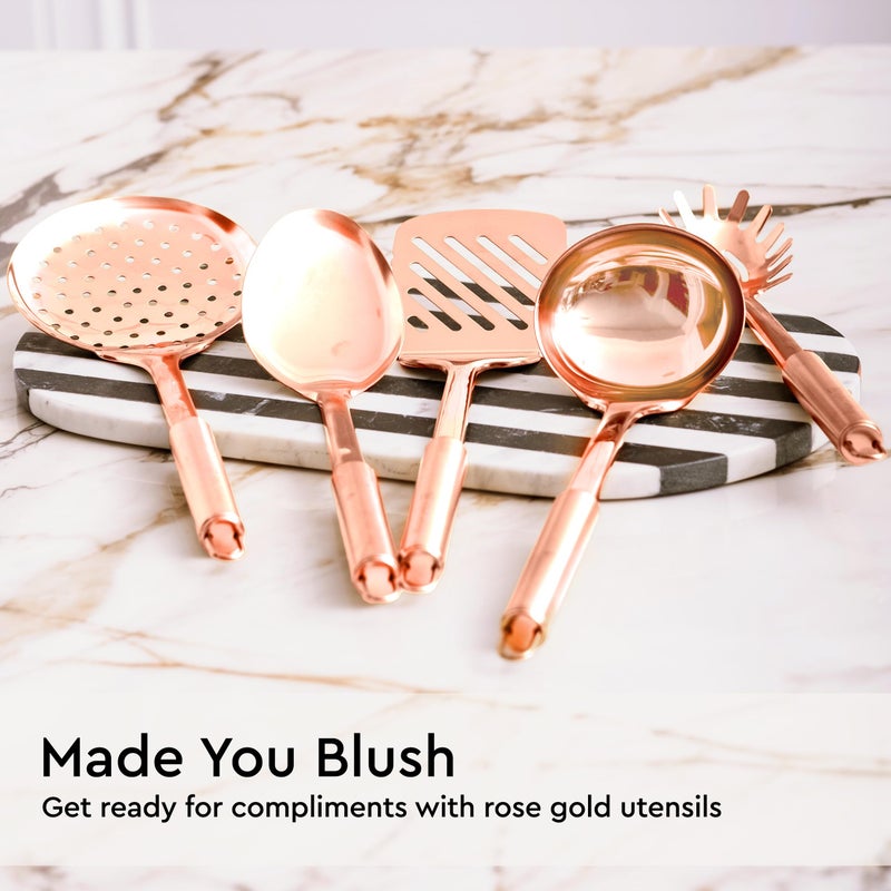 styled settings Copper Cooking Utensils Set – 5-Piece Rose Gold Stainless Steel Kitchen Tools for Cooking and Serving Includes Ladle, Spoon, Pasta Fork, Spatula, and Skimmer – Stylish Copper Kitchen Accessories - Image 4
