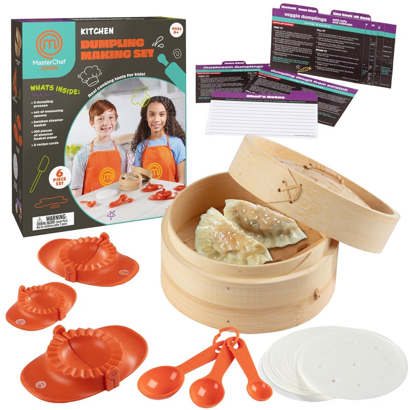 MasterChef Junior Kids Dumpling Making Set 5 Pc Kit Real Cookware Includes Recipes Steamer Basket Mold Press Measuring Spoons Steamer Paper Homemade Cooking Party for Dim Sum Soups Chinese Food - Image 2