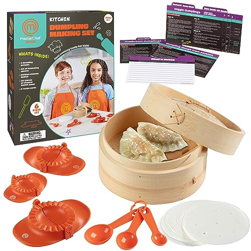 MasterChef Junior Kids Dumpling Making Set 5 Pc Kit Real Cookware Includes Recipes Steamer Basket Mold Press Measuring Spoons Steamer Paper Homemade Cooking Party for Dim Sum Soups Chinese Food - Image 1