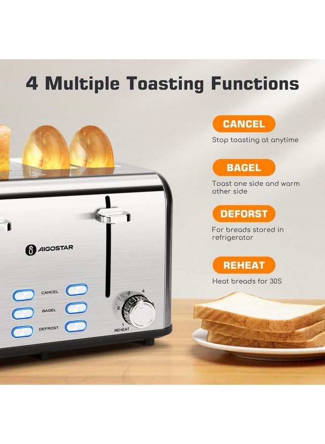 Aigostar Aigostar Toaster 4 Slice 1.6" Wide Slot Stainless Steel Toasters with Bagel, Reheat, Cancel, Defrost Function, 6 Shade Settings, Removable Crumb Tray, 1550W, Best Rated Prime 4 Slice Toasters  - Image 5